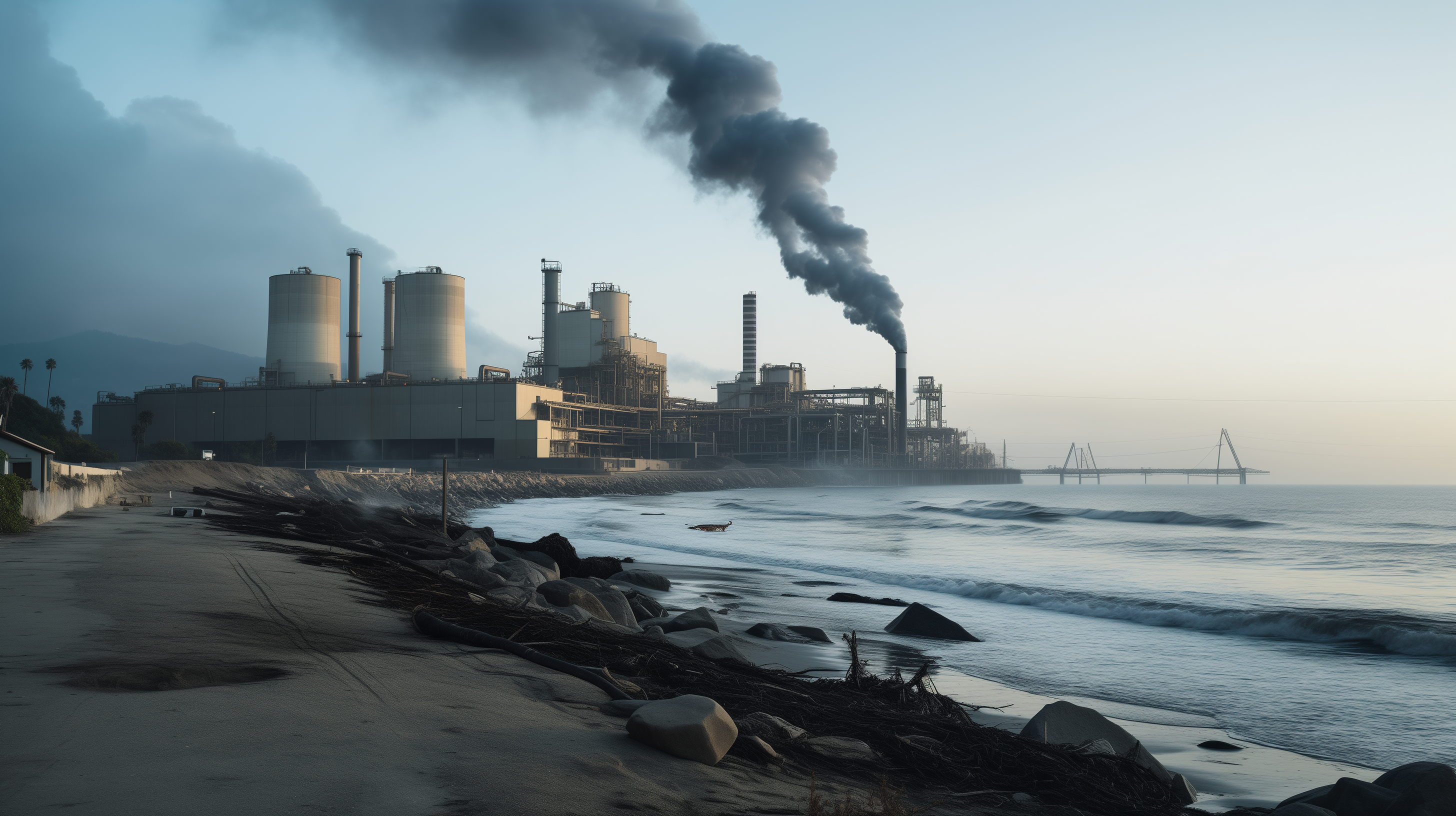 A photo of an industrial plant on a beach side